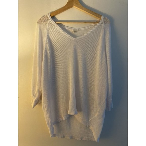 Eileen Fisher Tops - Eileen Fisher White Open Knit VNeck Drop Shoulder 100% Linen Sweater Size Large